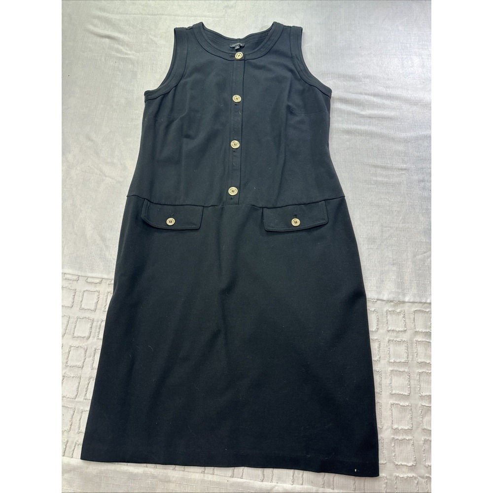 Talbots Womens 12 Black Sleeveless Ponte Knit Button Front Shift Dress VN1953